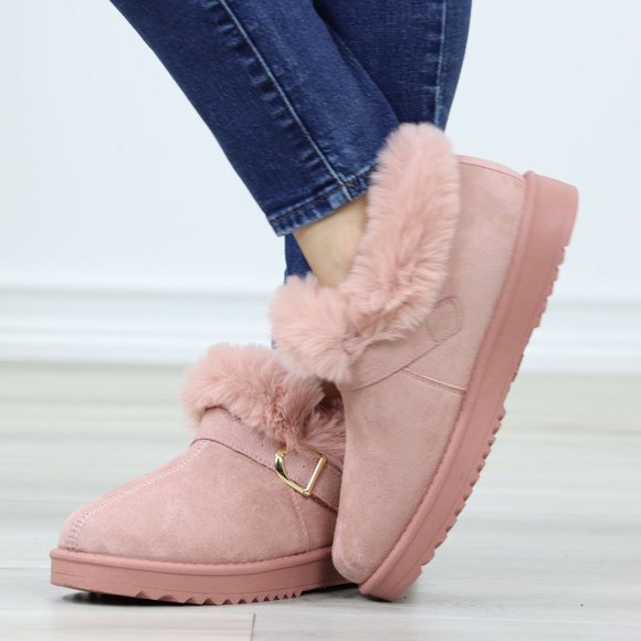 Faux Pink Suede Fuzzy Warm Ankle Booties Super Cozy Fully Lined - Picture 8 of 13